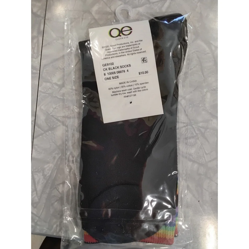 Queer Eye Black Crew Socks Rainbow Striped Cuff Heart Detail One Size QE9102 NEW